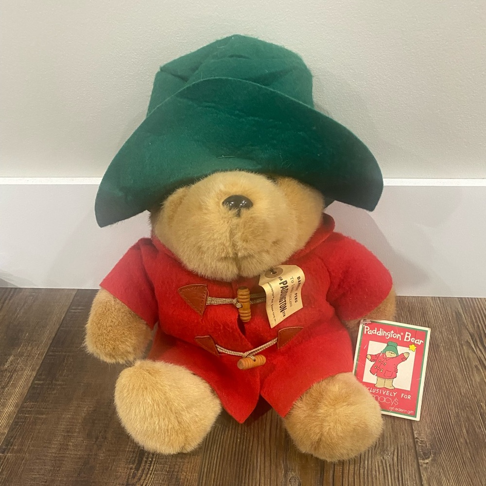 Vintage Paddington Bear Stuffed Animal Plush Red Coat Green Hat 16” Eden Book